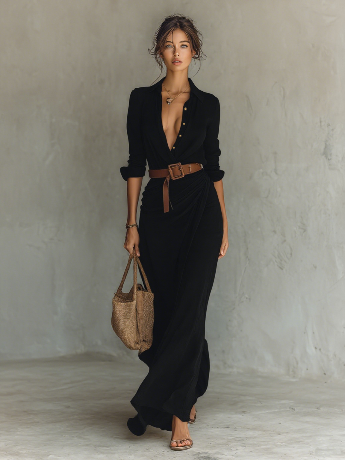 Paula | Vestido Maxi con Cuello Solapa, Manga Larga y Cinturón Incluido