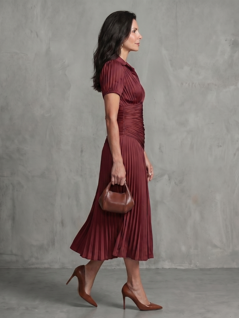 Theodora | Vestido Midi de Rayas con Cuello Camisero y Cintura Plisada