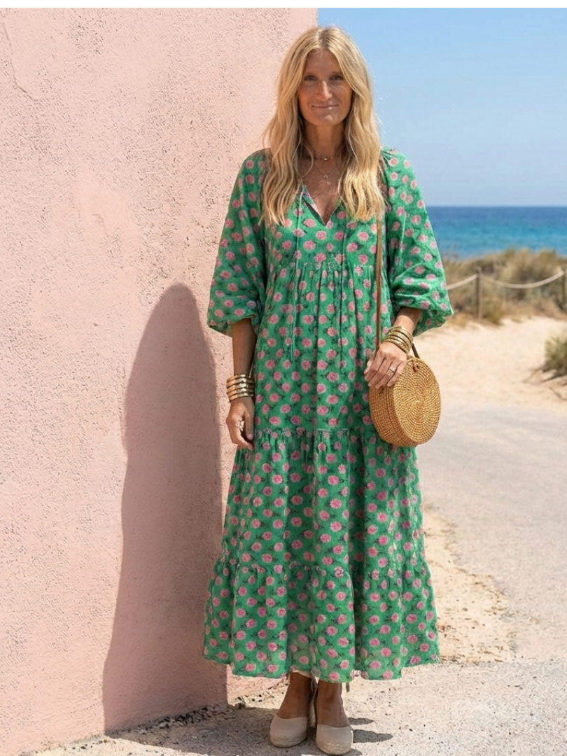 Fiora | Vestido Midi Floral de Volantes con Escote en V, Ligero