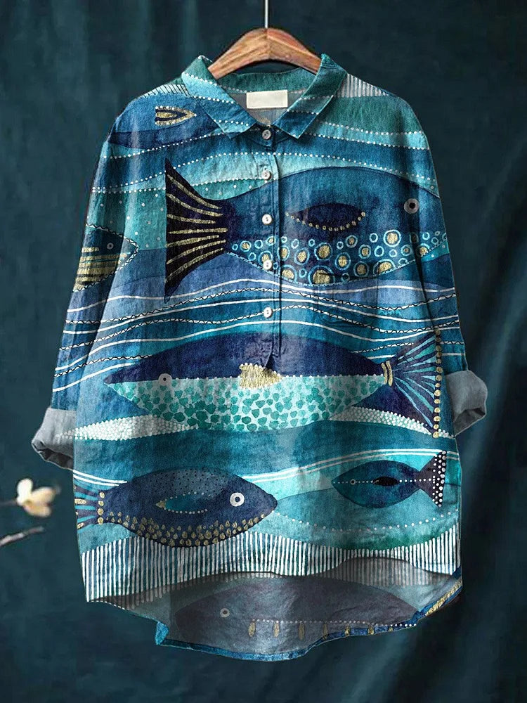 Jade | Camisa con Estampado Artístico del Océano, Fresca
