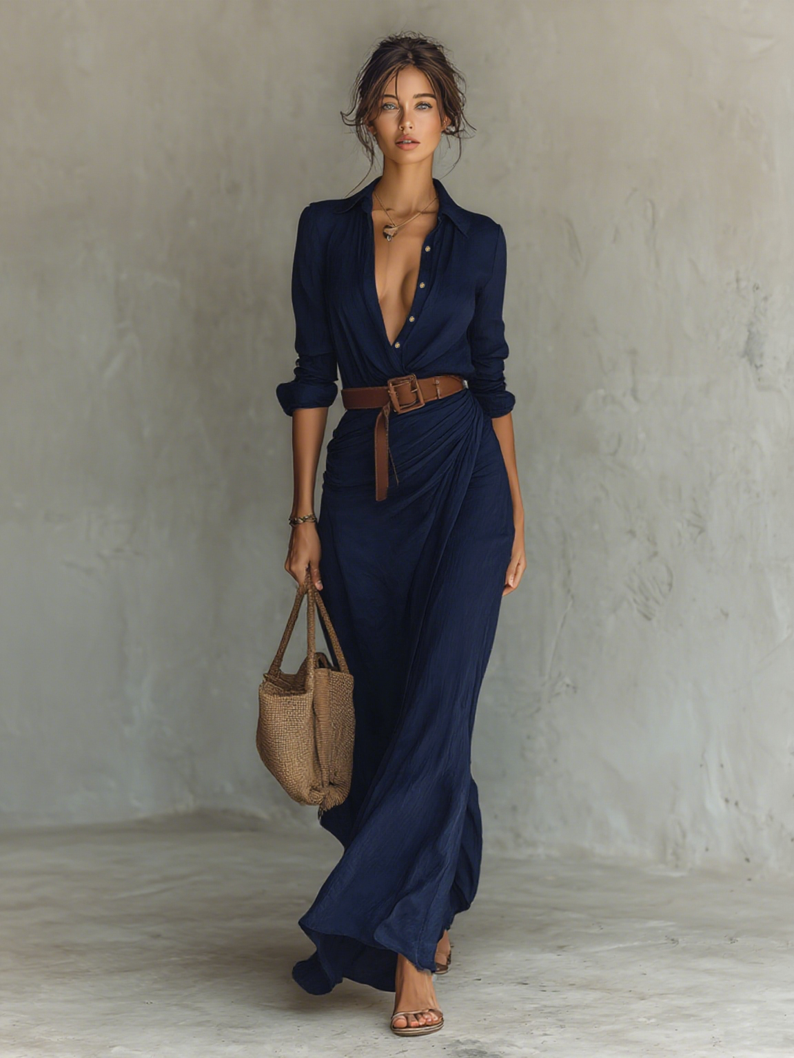 Paula | Vestido Maxi con Cuello Solapa, Manga Larga y Cinturón Incluido