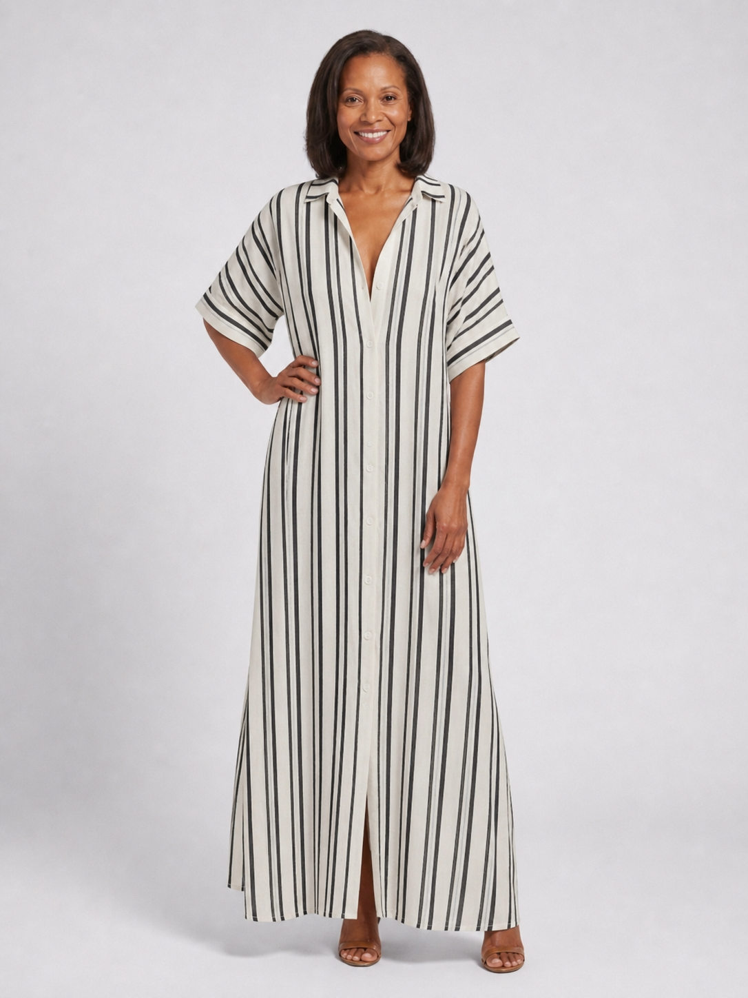 Nara | Vestido Midi de Rayas con Botones, Relajado y Ligero