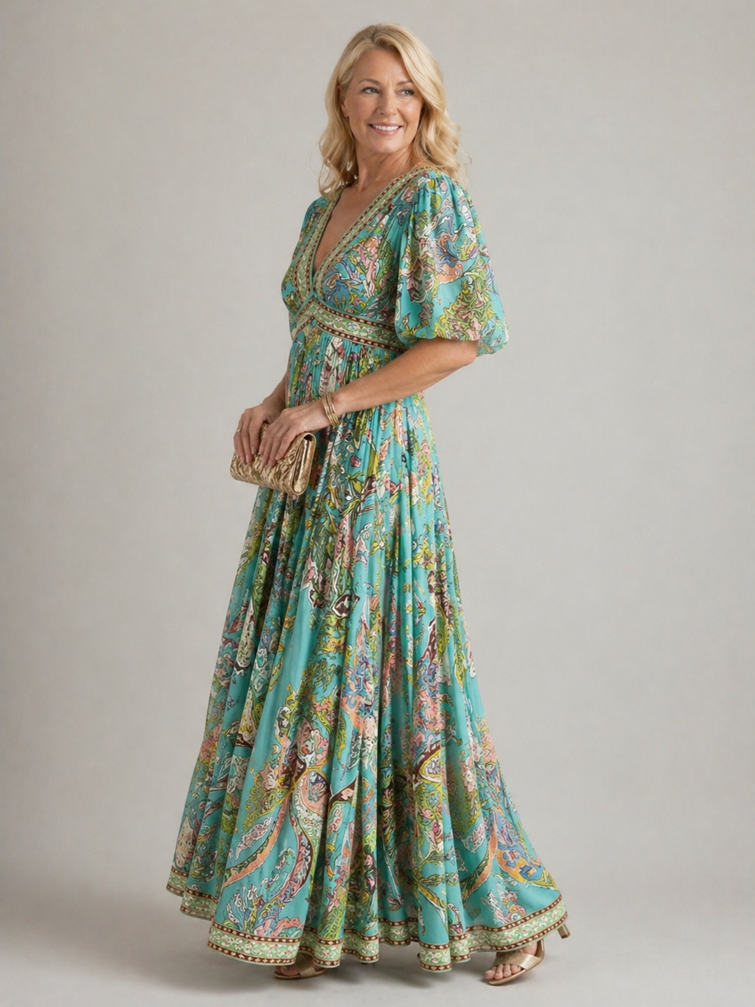 Amelia | Vestido Maxi Vaporoso con Mangas Abullonadas y Escote en V, Romántico