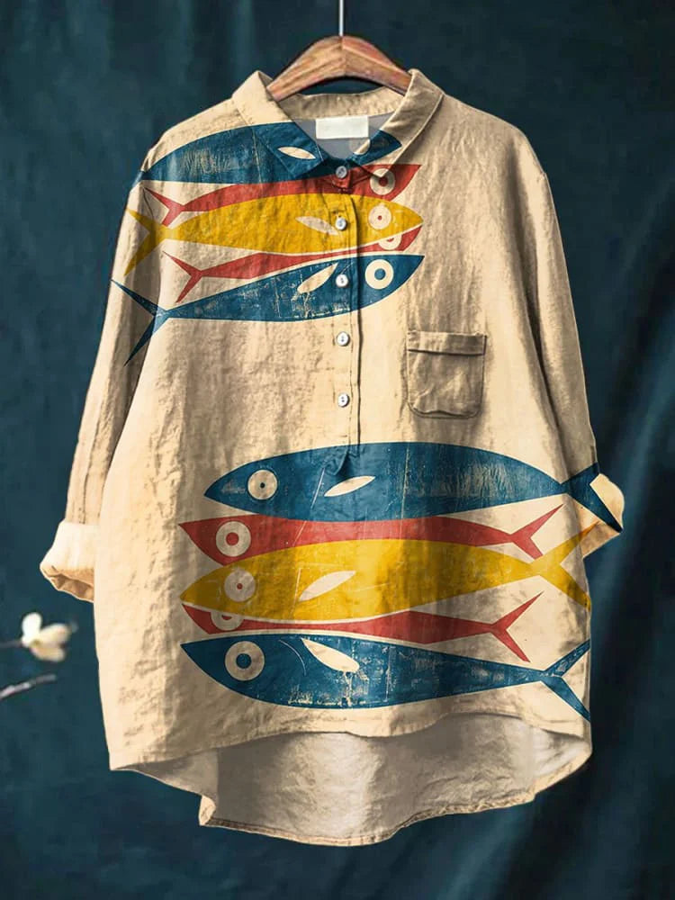 Dora | Camisa con Estampado Artístico de Peces, Original