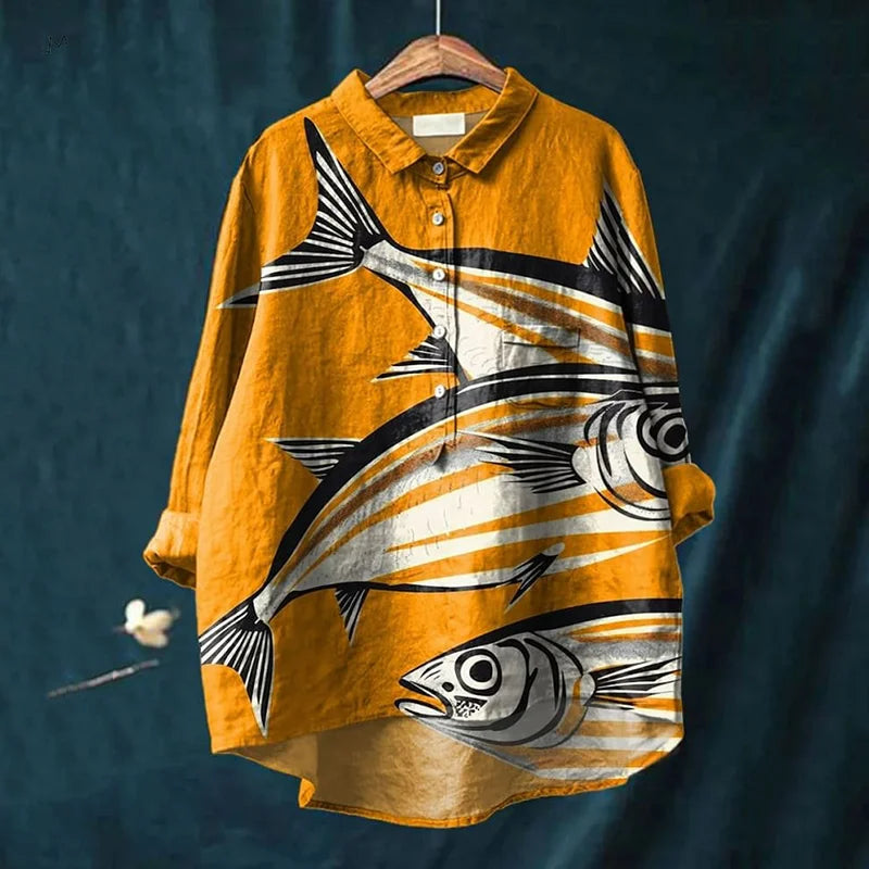 Dora | Camisa con Estampado Artístico de Peces, Original