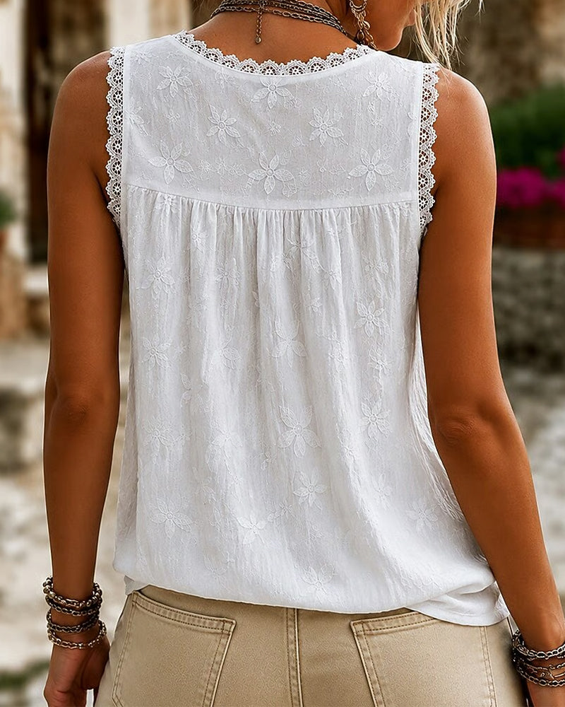 Agneta | Camiseta sin Mangas con Encaje y Cuello en V, Delicada