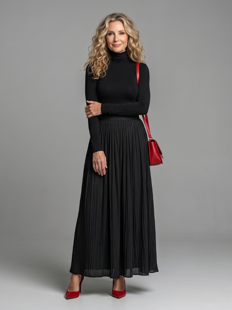 Larisa | Vestido Midi de Cuello Alto y Manga Larga con Cintura Definida