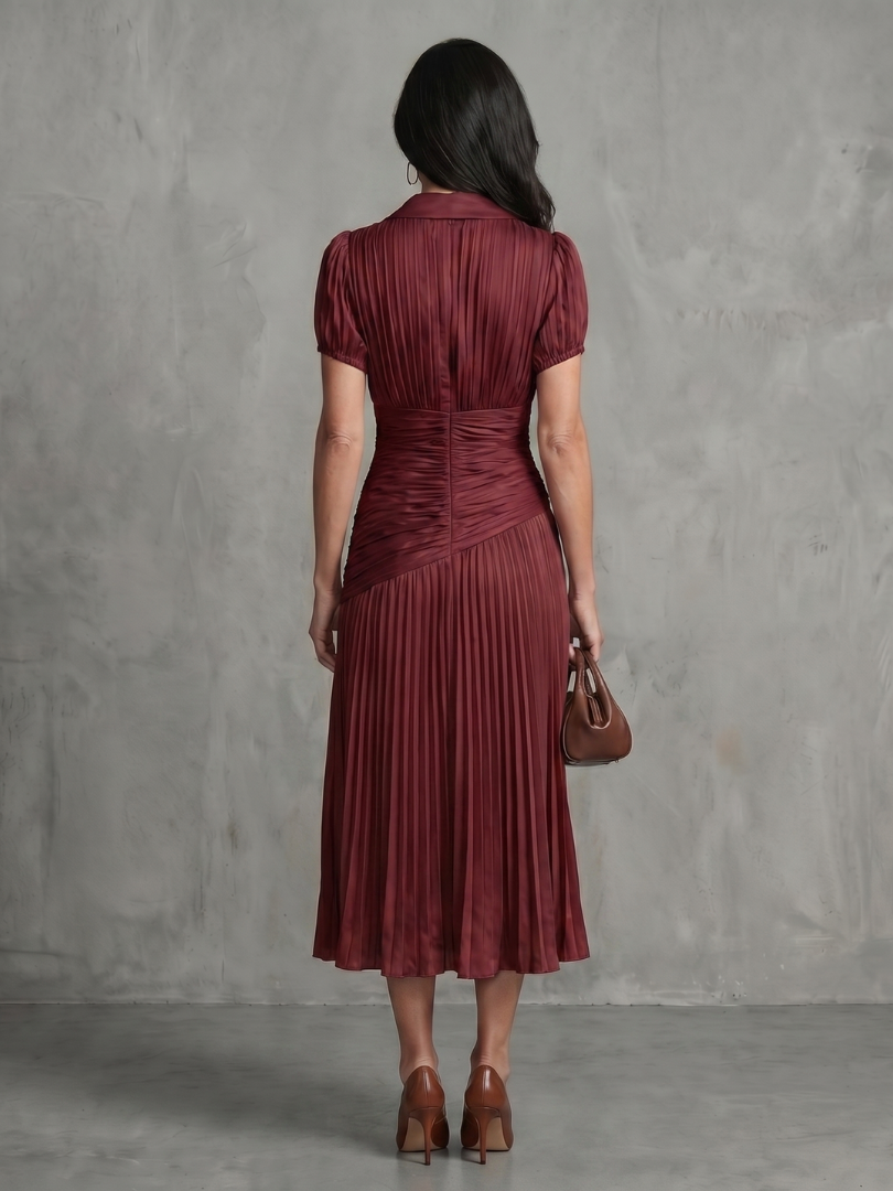 Theodora | Vestido Midi de Rayas con Cuello Camisero y Cintura Plisada
