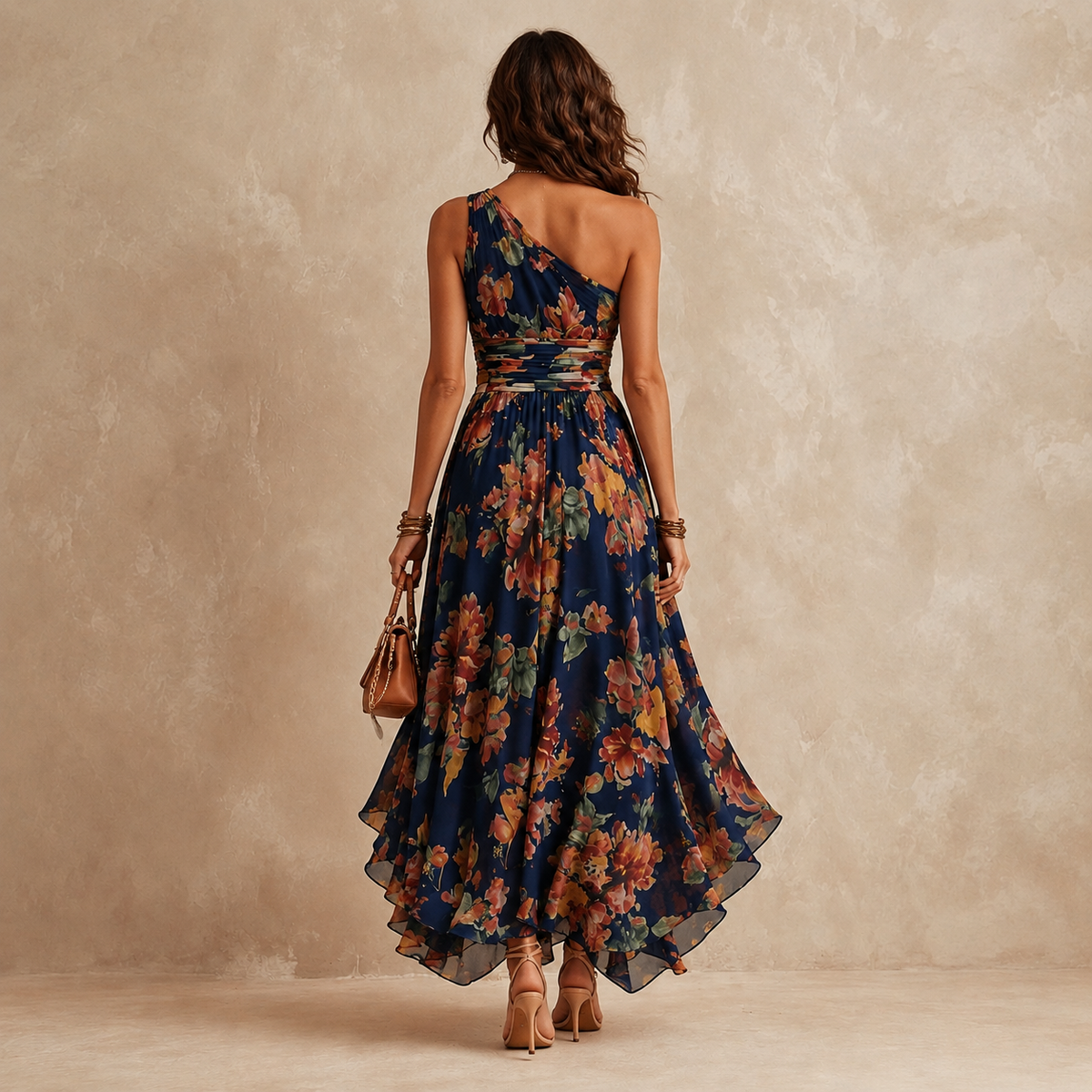 Celeste | Vestido Maxi de Gasa a un Hombro con Estampado Floral, Ideal para Invitada