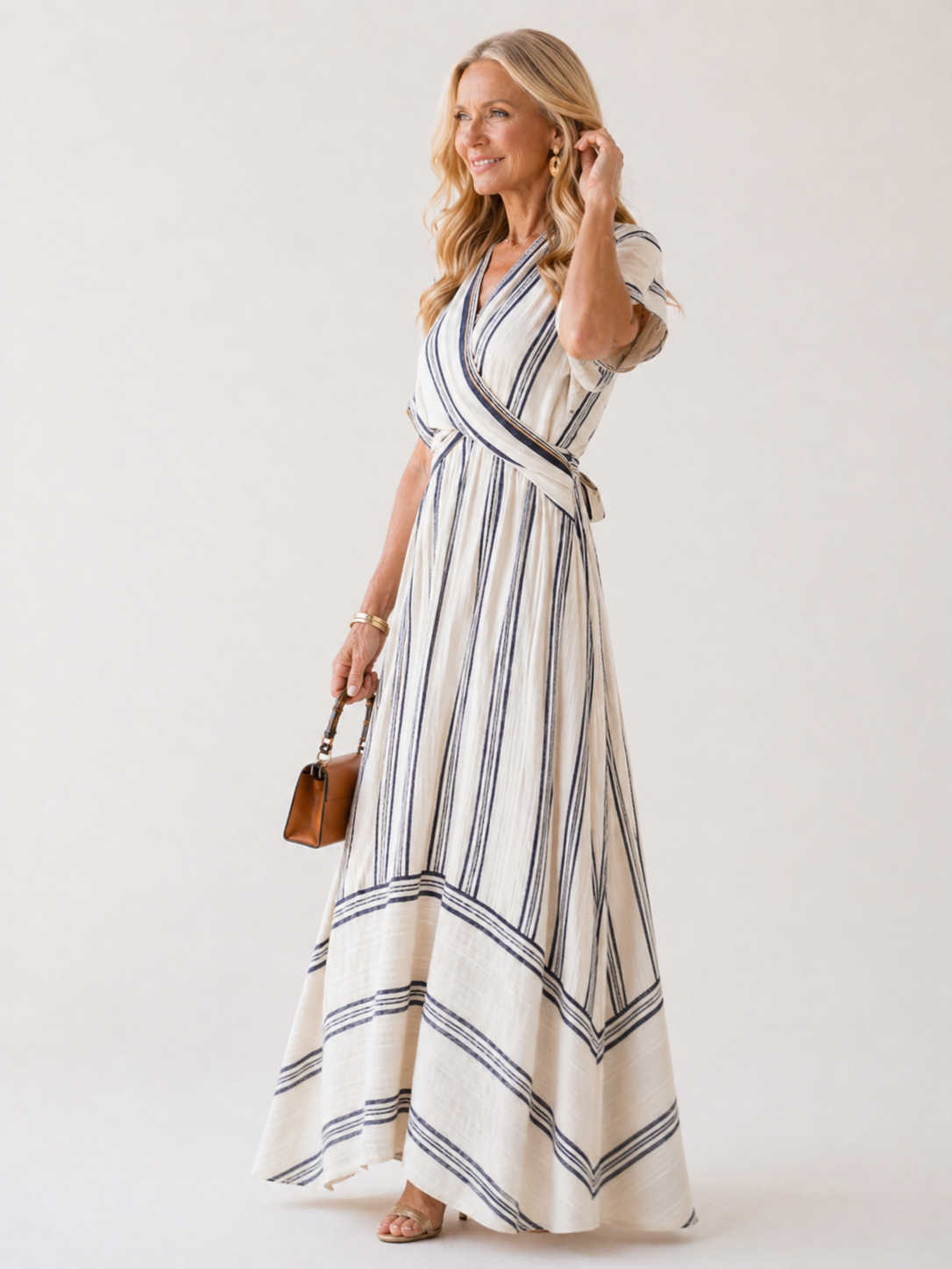 Thalassa | Vestido Midi de Lino con Cintura Cruzada y Manga Corta, Natural