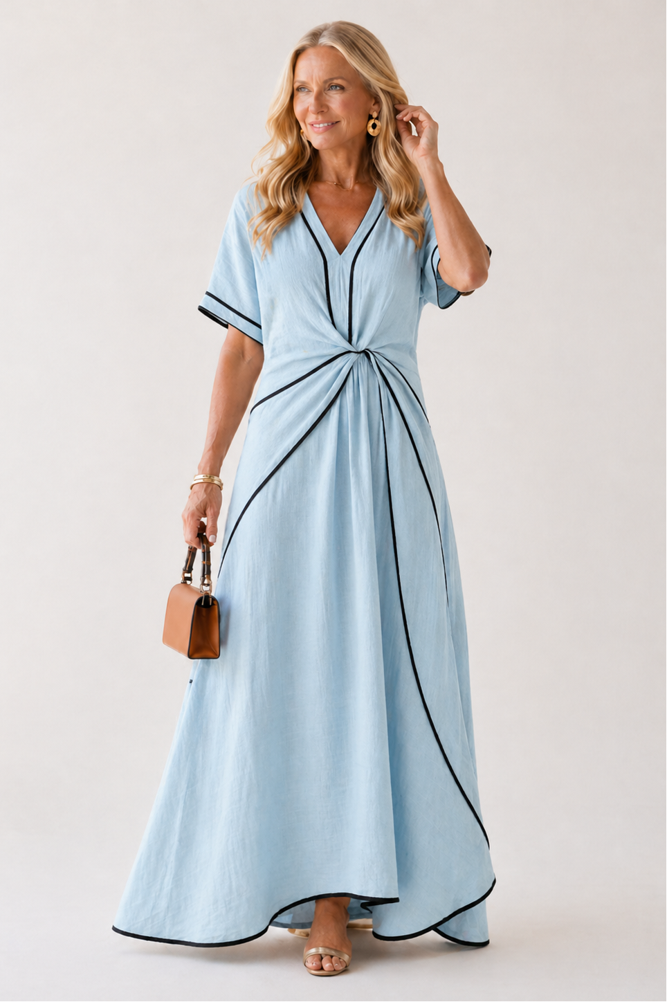 Linnea | Vestido Midi de Manga Corta con Escote en V y Cintura Fruncida