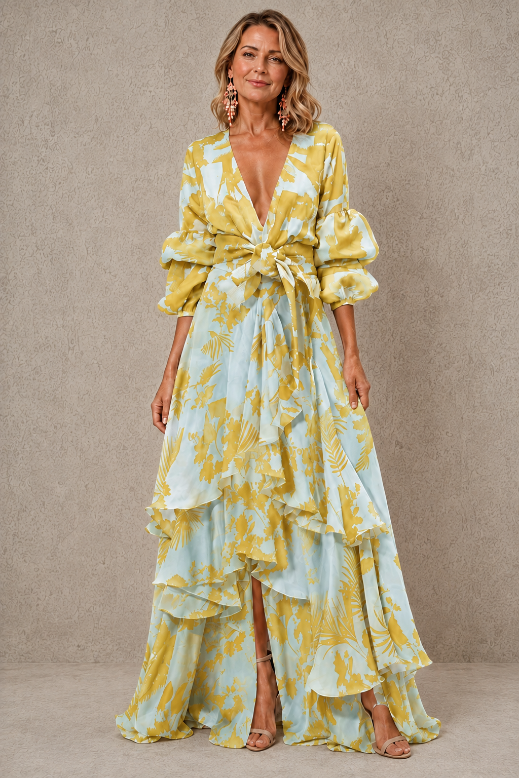 Vega | Vestido Maxi de Volantes con Cinturón de Lazo y Mangas Abullonadas