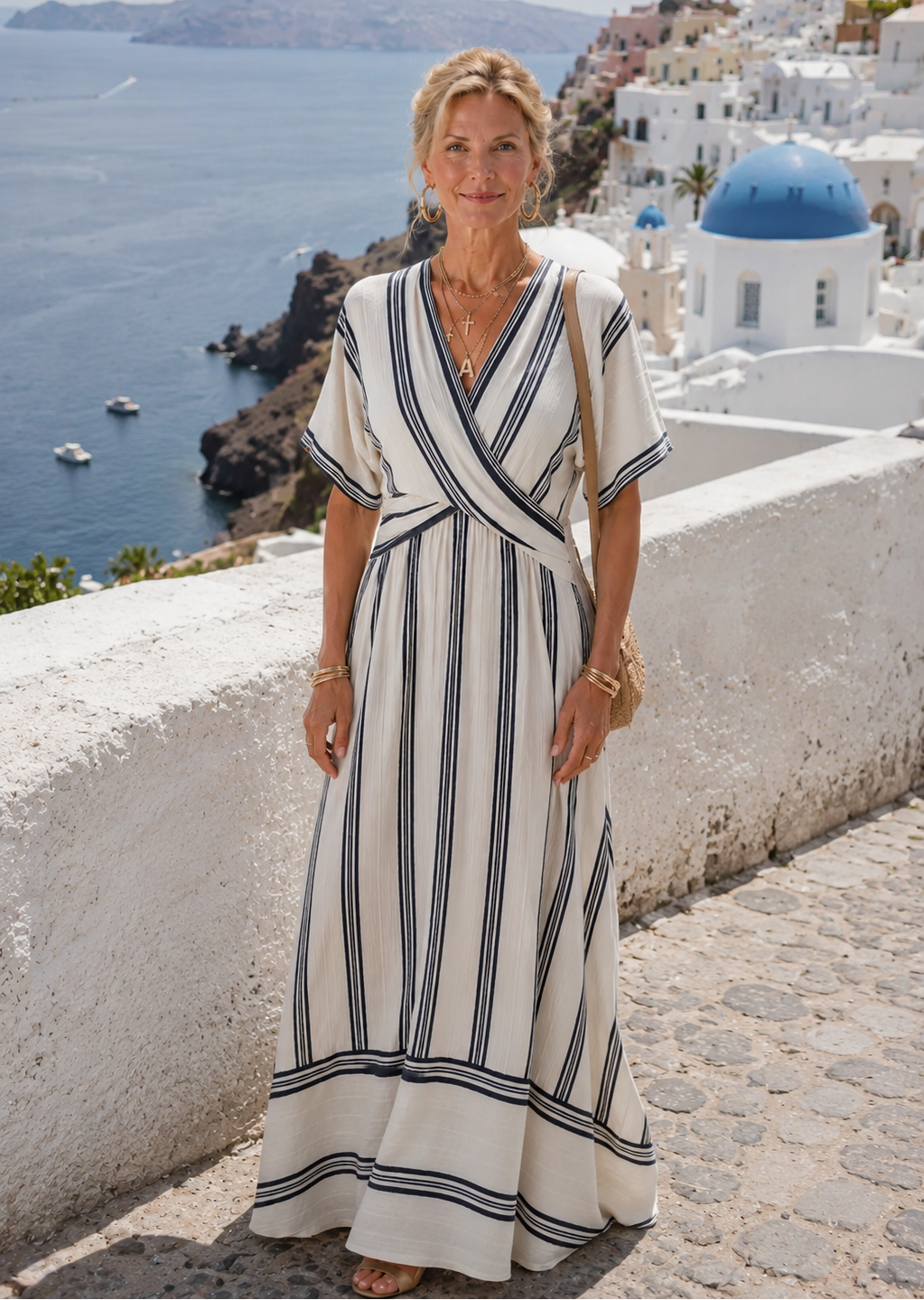 Thalassa | Vestido Midi de Lino con Cintura Cruzada y Manga Corta, Natural