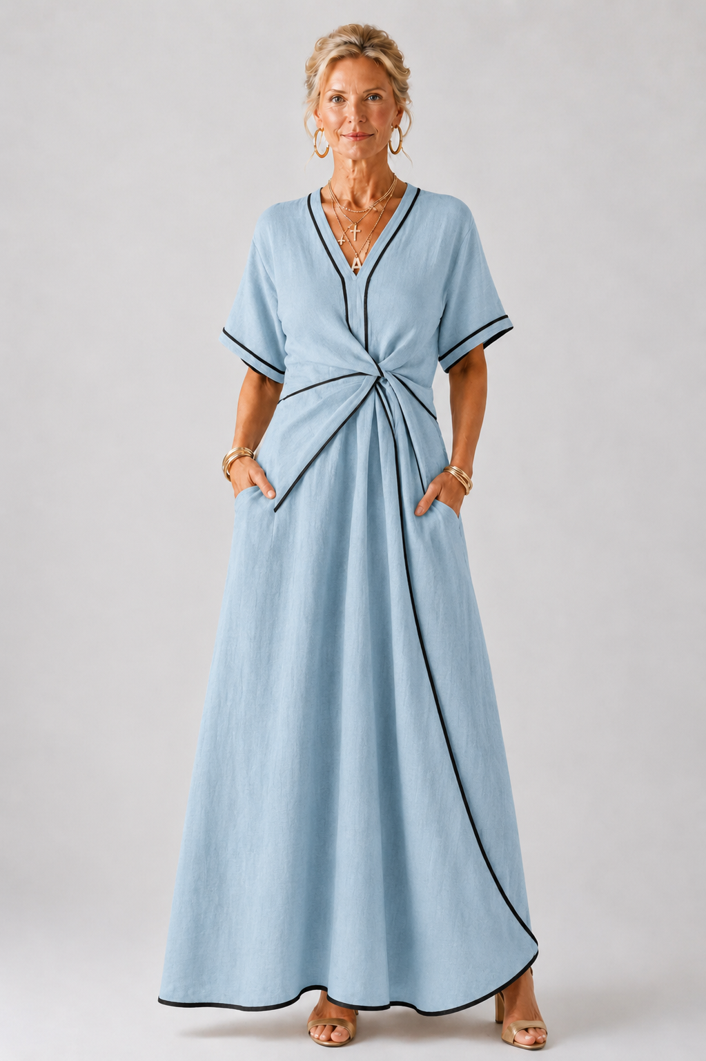 Linnea | Vestido Midi de Manga Corta con Escote en V y Cintura Fruncida