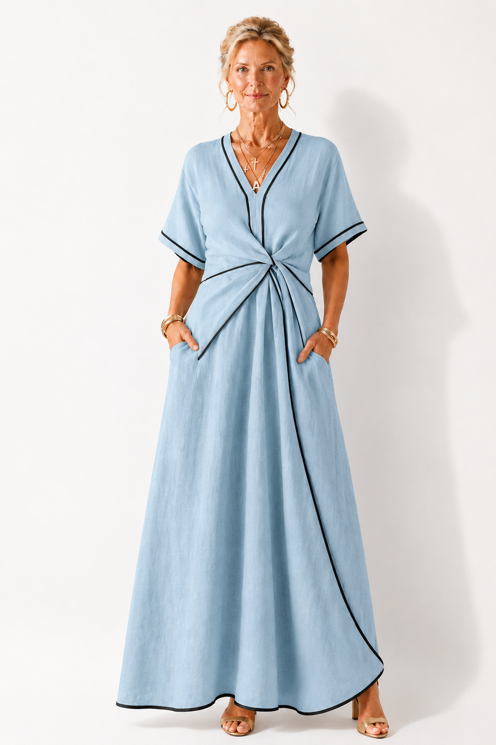 Linnea | Vestido Midi de Manga Corta con Escote en V y Cintura Fruncida