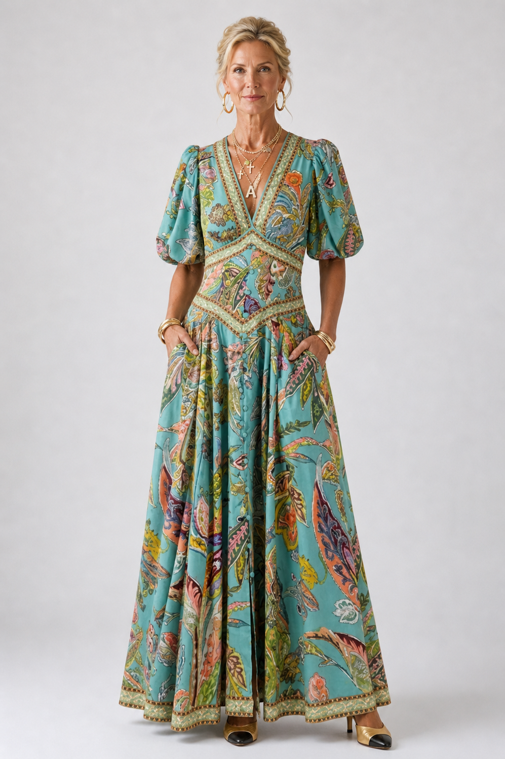 Amelia | Vestido Maxi Vaporoso con Mangas Abullonadas y Escote en V, Romántico
