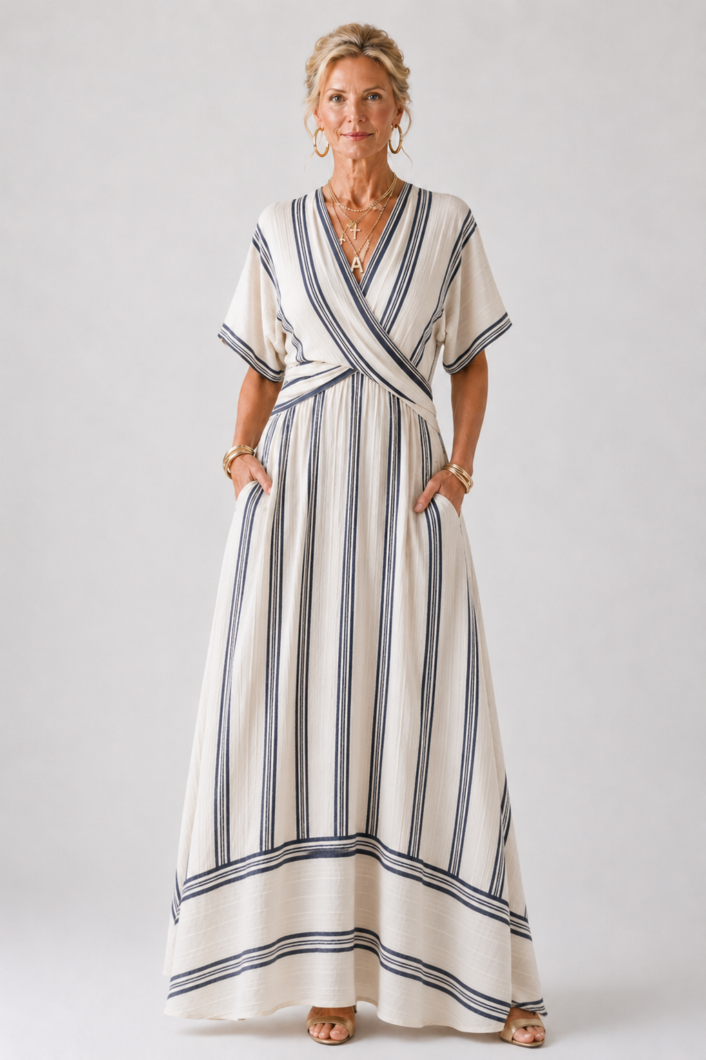 Thalassa | Vestido Midi de Lino con Cintura Cruzada y Manga Corta, Natural