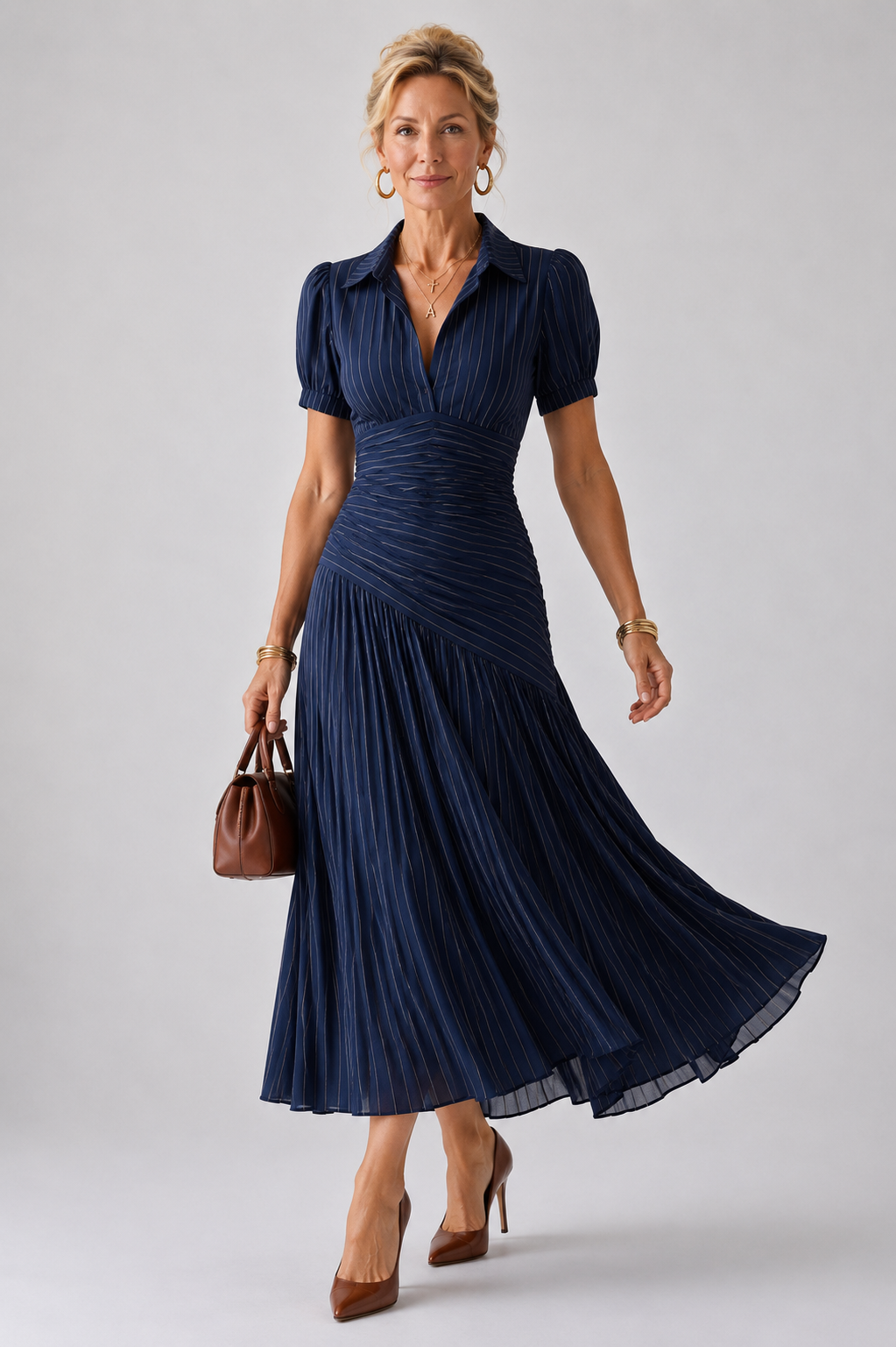 Theodora | Vestido Midi de Rayas con Cuello Camisero y Cintura Plisada