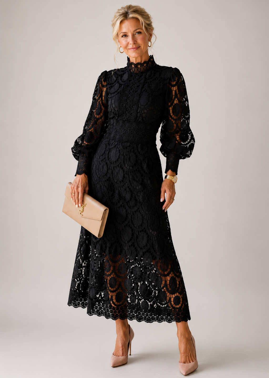 Eloah | Vestido Midi de Encaje con Manga Larga, Elegante y Femenino