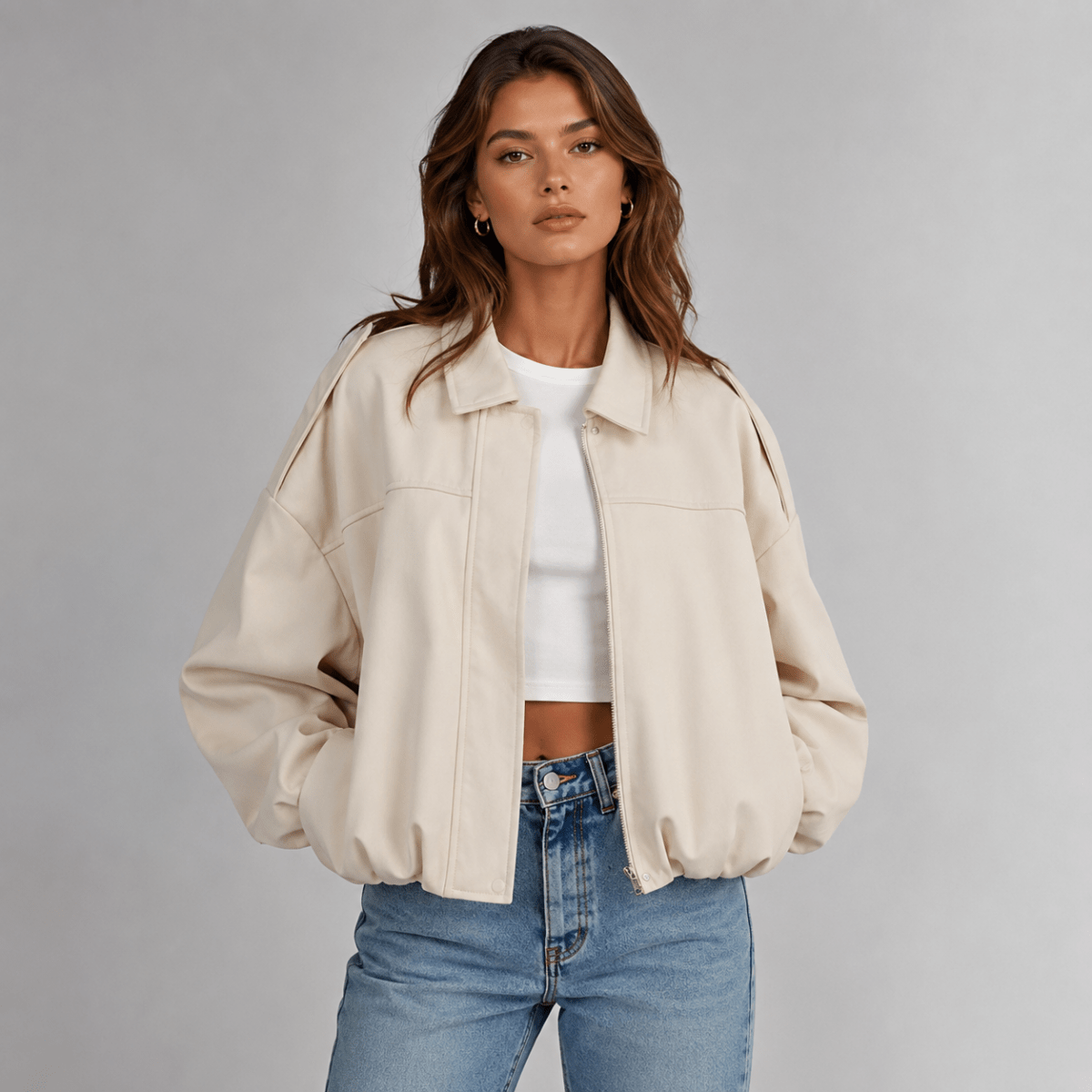 Mireya | Cazadora Bomber de Antelina con Cuello, Moderna