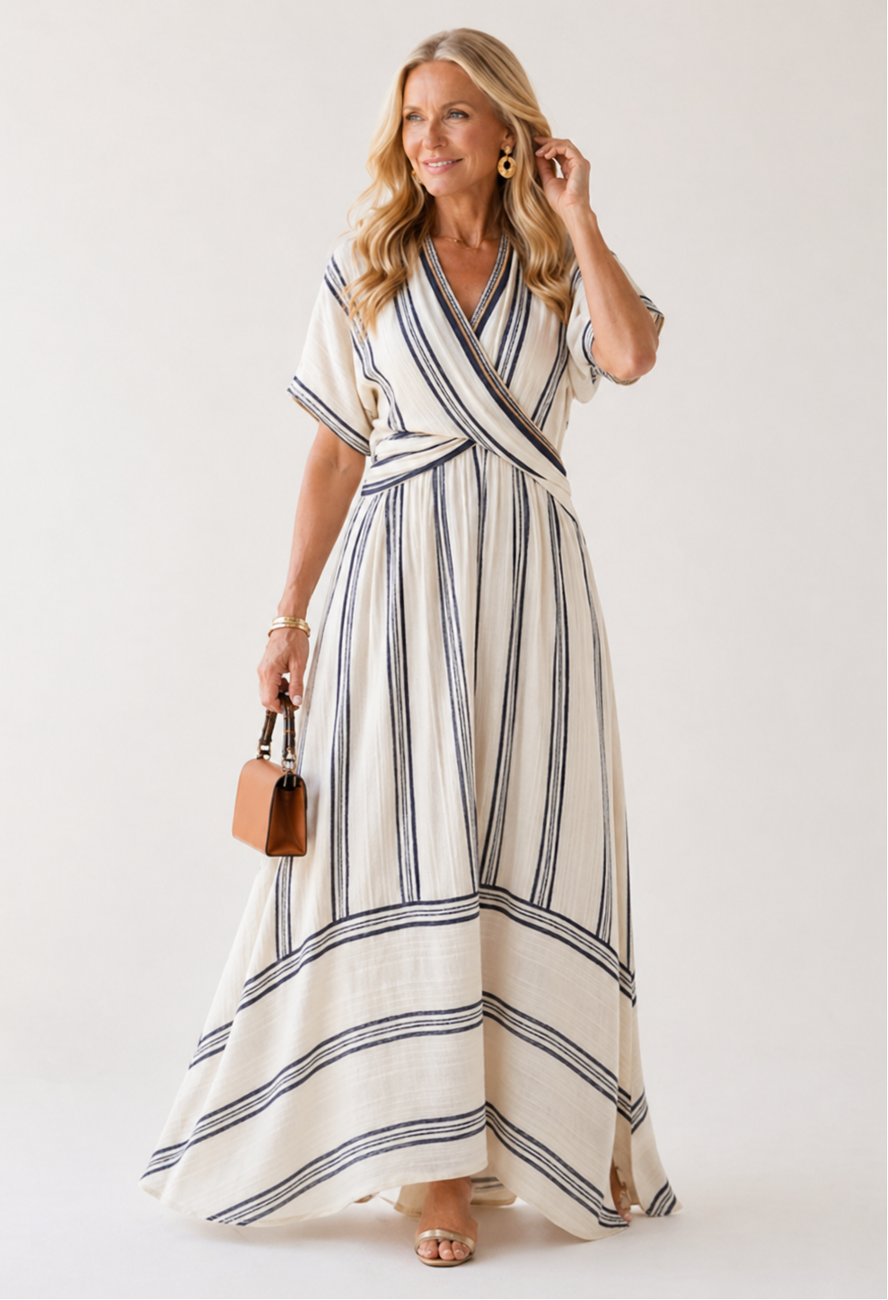 Thalassa | Vestido Midi de Lino con Cintura Cruzada y Manga Corta, Natural