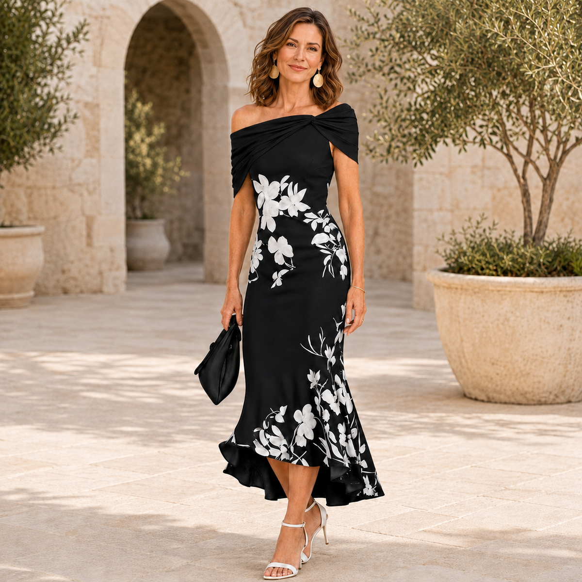 Florencia | Vestido Midi Floral Entallado con Hombros Descubiertos
