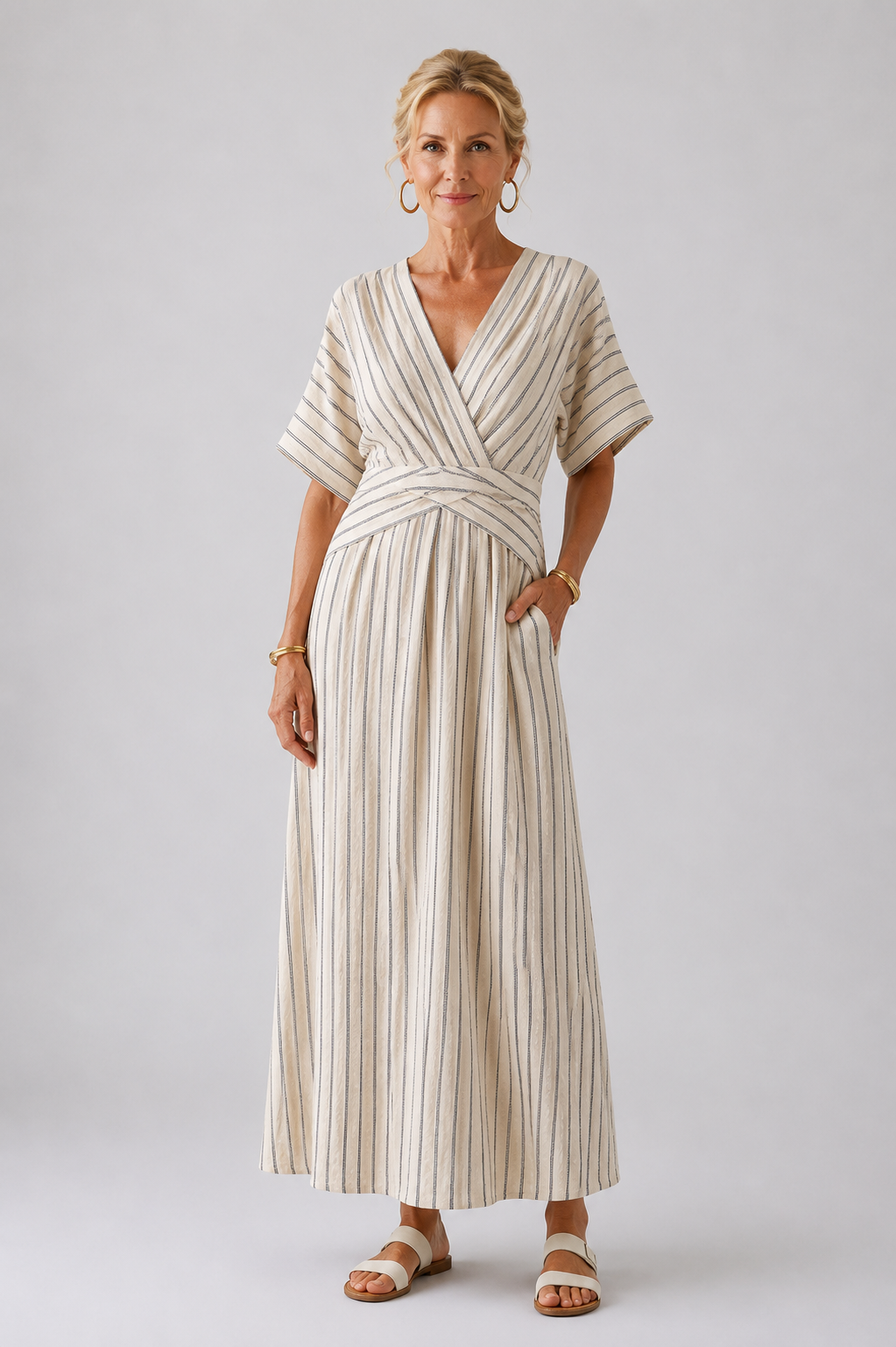 Cressida | Vestido Midi de Rayas con Cintura Cruzada y Escote en V