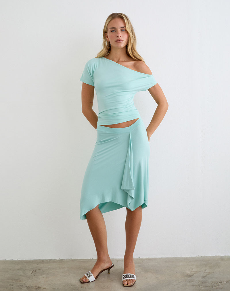 Rania | Falda Midi Cruzada con Volante, Aguamarina
