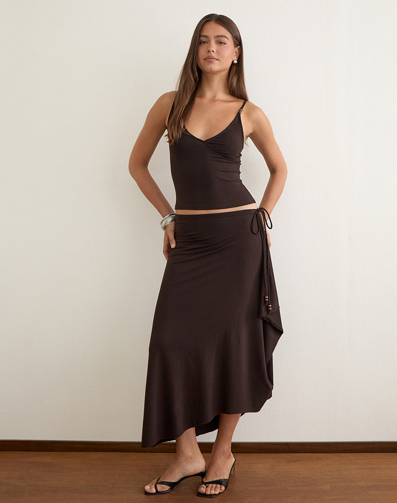 Coral | Falda Maxi Drapeada con Nudo y Abalorios, Elegante