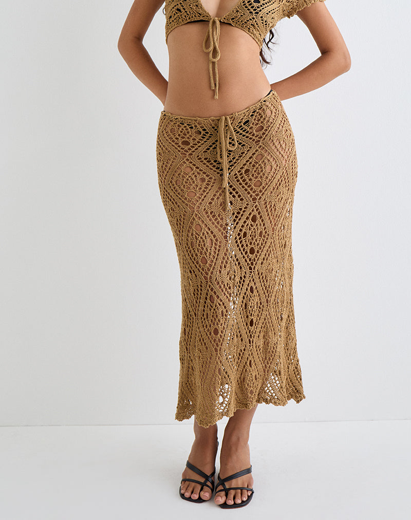 Diora | Falda Midi de Ganchillo con Lazada y Borlas, Bohemia