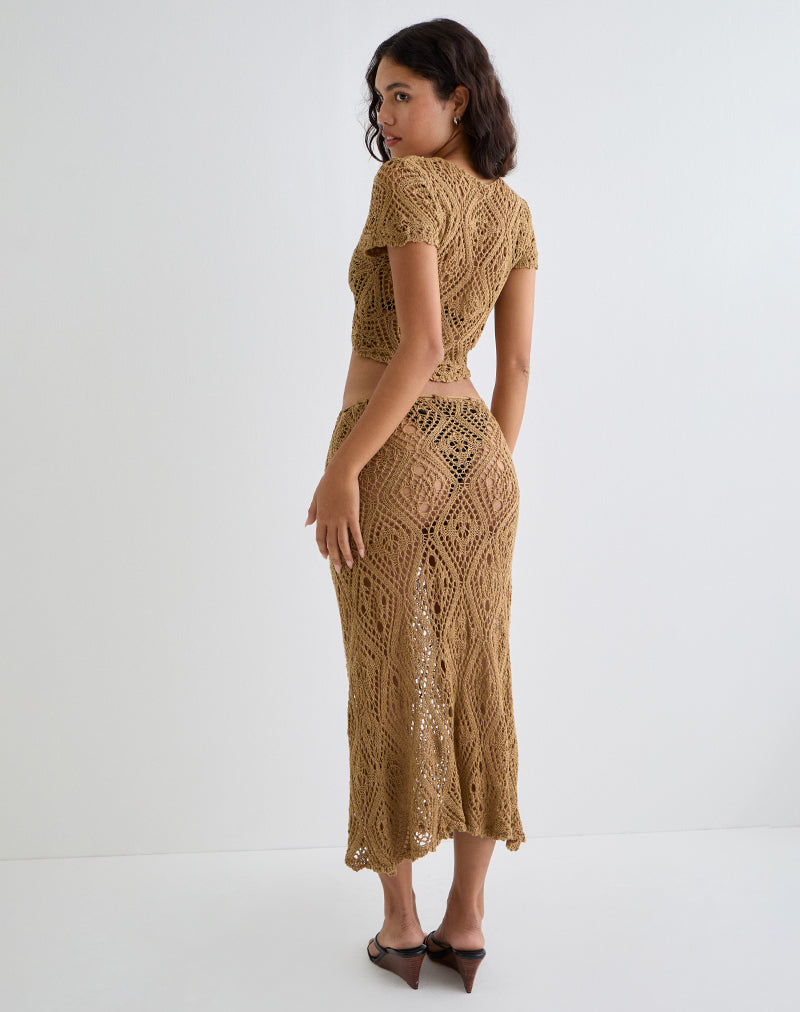 Diora | Falda Midi de Ganchillo con Lazada y Borlas, Bohemia
