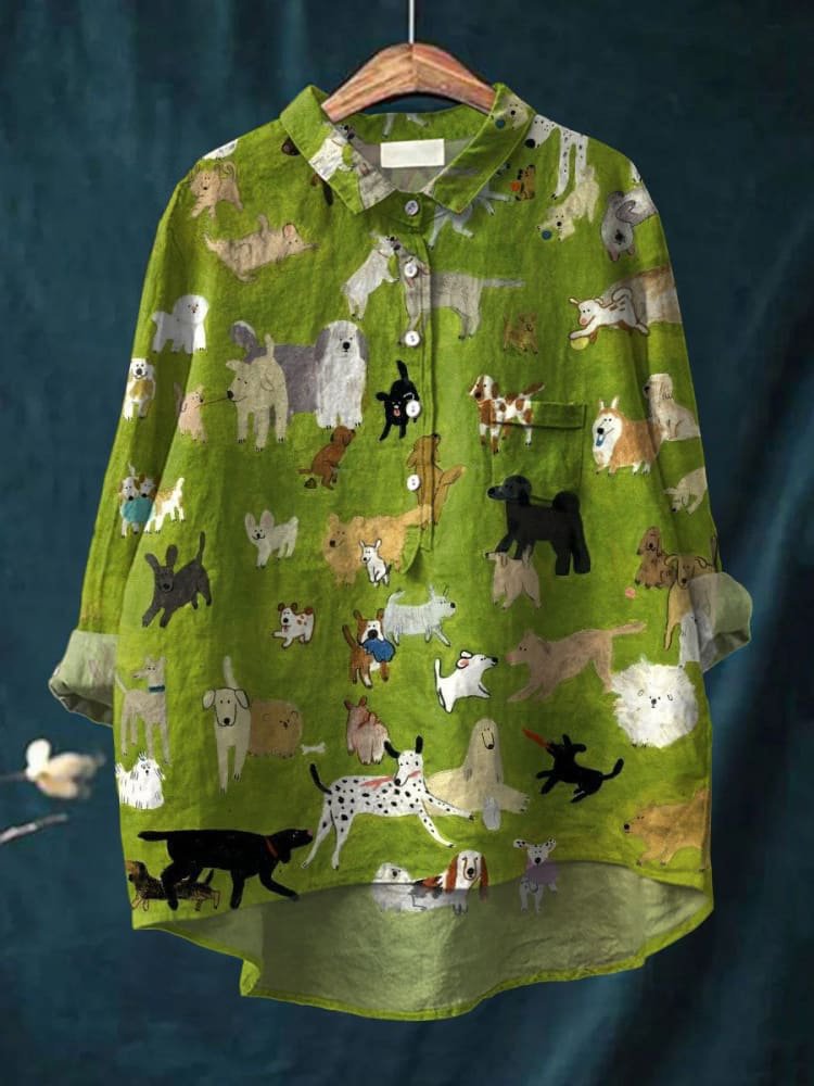 Bárbara | Camisa Verde con Estampado Artístico de Perros, Simpática