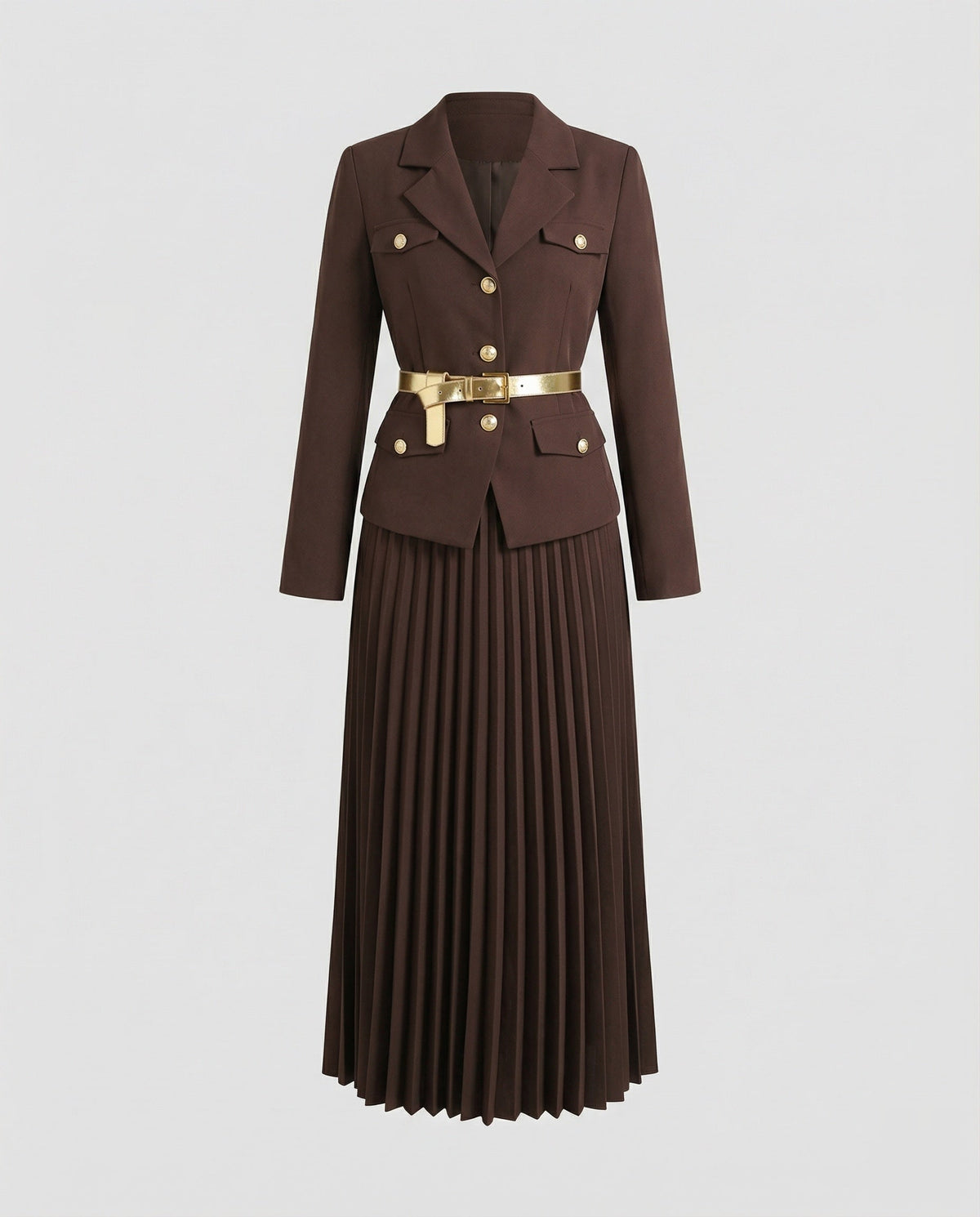 Bettina | Traje de Blazer y Falda Maxi Plisada, Elegante