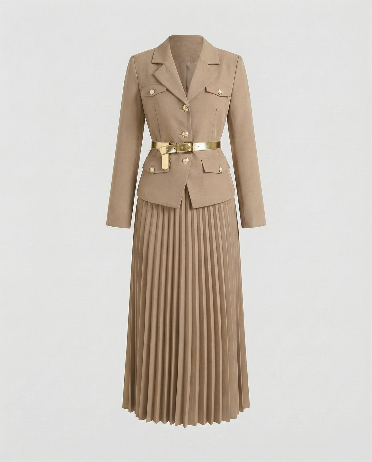 Bettina | Traje de Blazer y Falda Maxi Plisada, Elegante