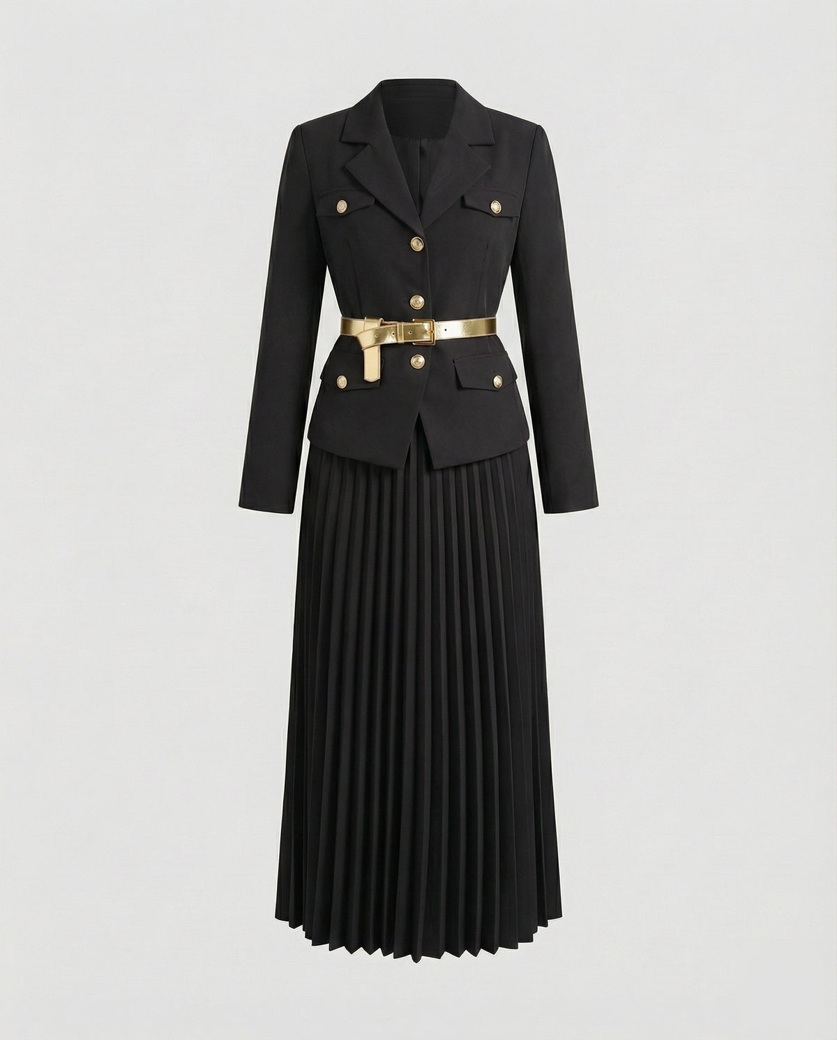 Bettina | Traje de Blazer y Falda Maxi Plisada, Elegante