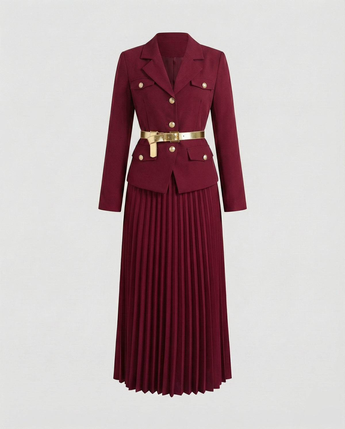 Bettina | Traje de Blazer y Falda Maxi Plisada, Elegante