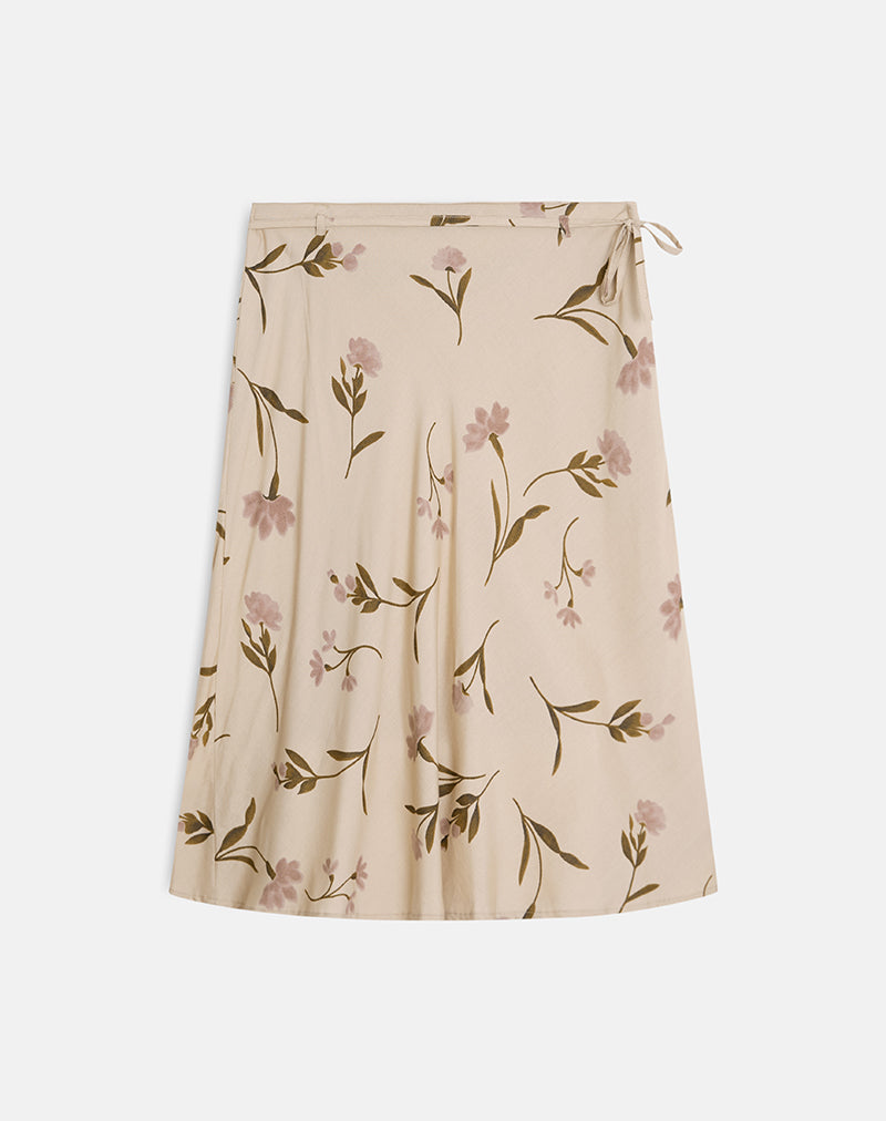 Judit | Falda Midi Fluida con Lazada Lateral y Estampado de Hojas, Natural
