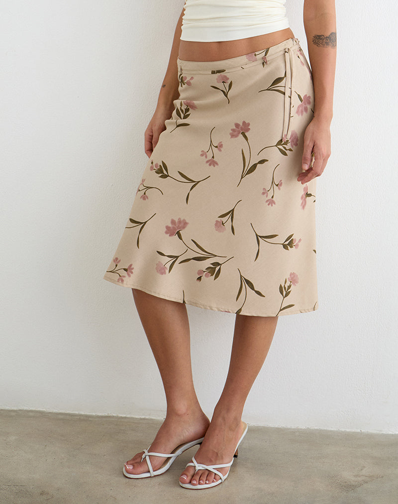 Judit | Falda Midi Fluida con Lazada Lateral y Estampado de Hojas, Natural