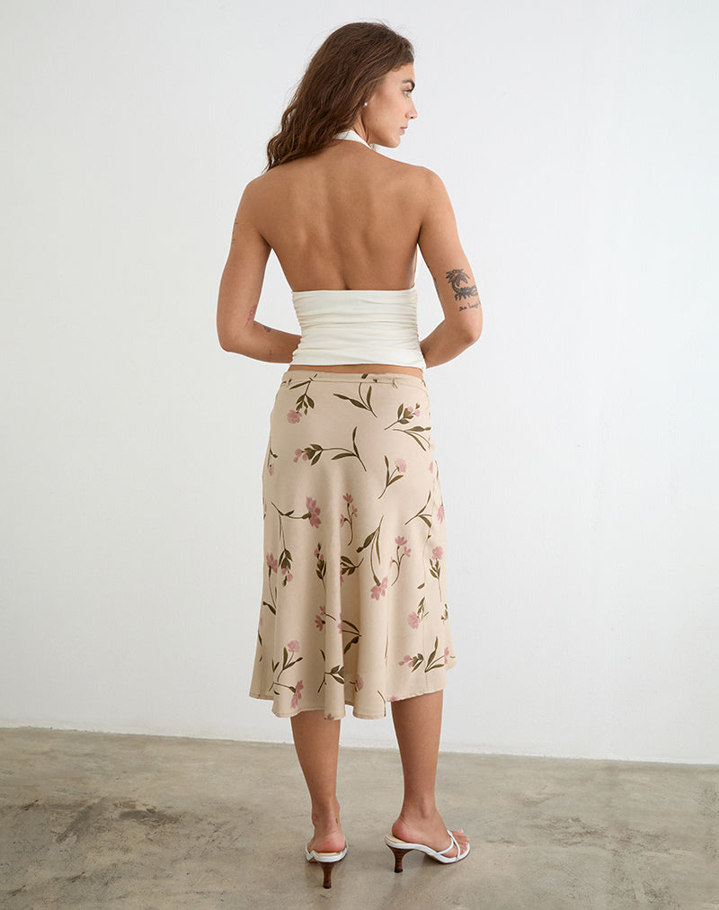 Judit | Falda Midi Fluida con Lazada Lateral y Estampado de Hojas, Natural