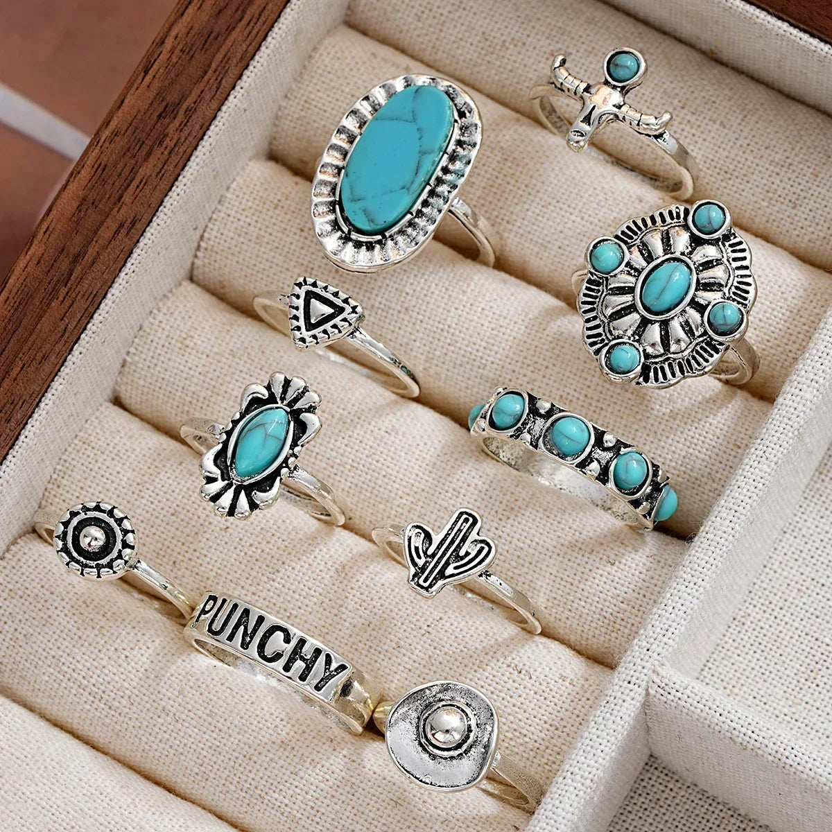 Dakota | Set de 10 Anillos Estilo Western con Turquesa