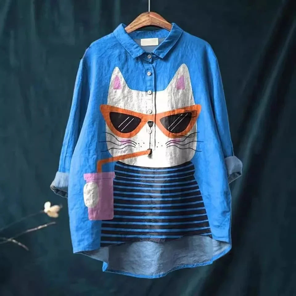 Úrsula | Camisa con Estampado Artístico de Gatos, Original