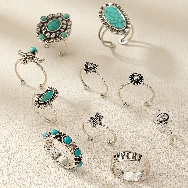 Dakota | Set de 10 Anillos Estilo Western con Turquesa