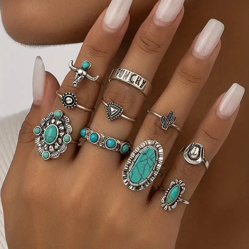 Dakota | Set de 10 Anillos Estilo Western con Turquesa