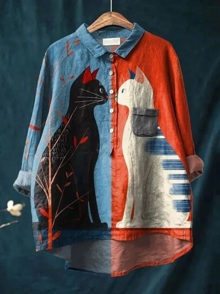 Úrsula | Camisa con Estampado Artístico de Gatos, Original