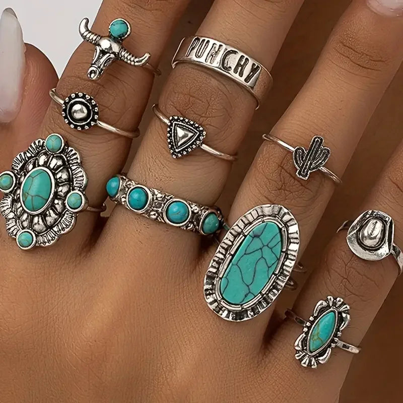 Dakota | Set de 10 Anillos Estilo Western con Turquesa