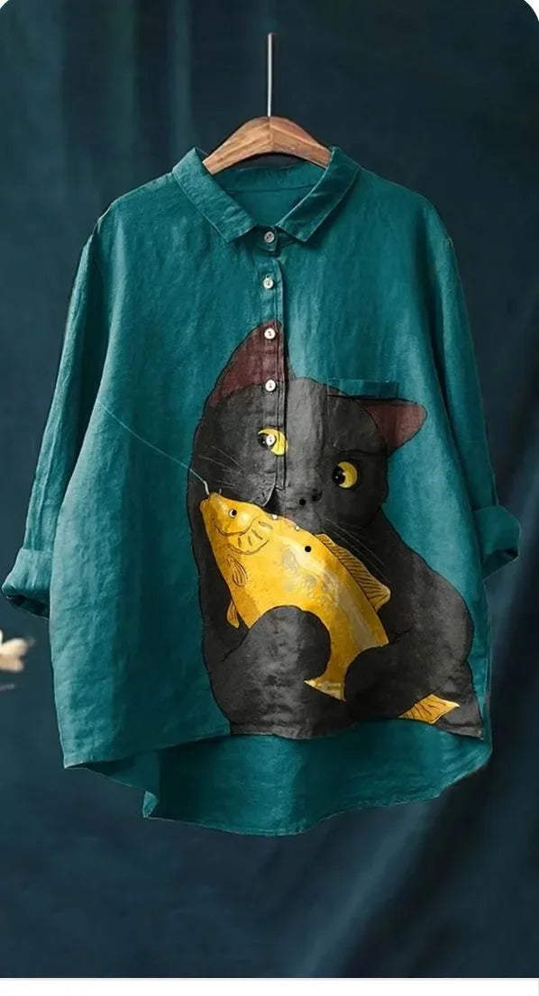 Úrsula | Camisa con Estampado Artístico de Gatos, Original
