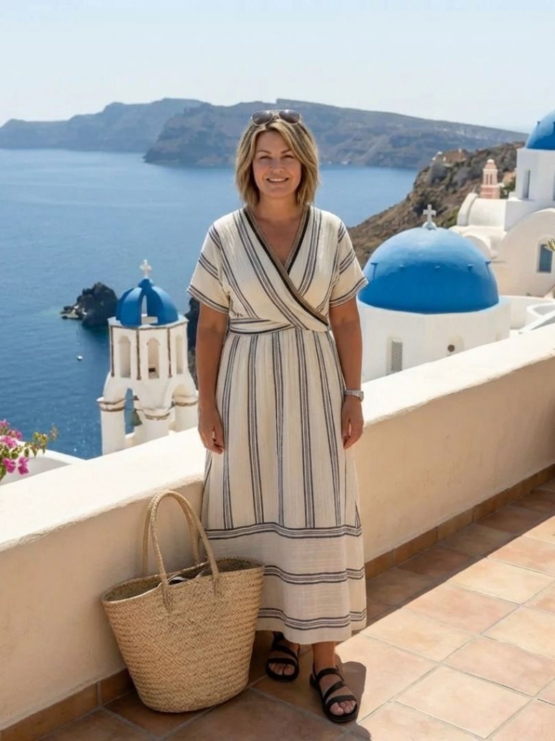 Thalassa | Vestido Midi de Lino con Cintura Cruzada y Manga Corta, Natural