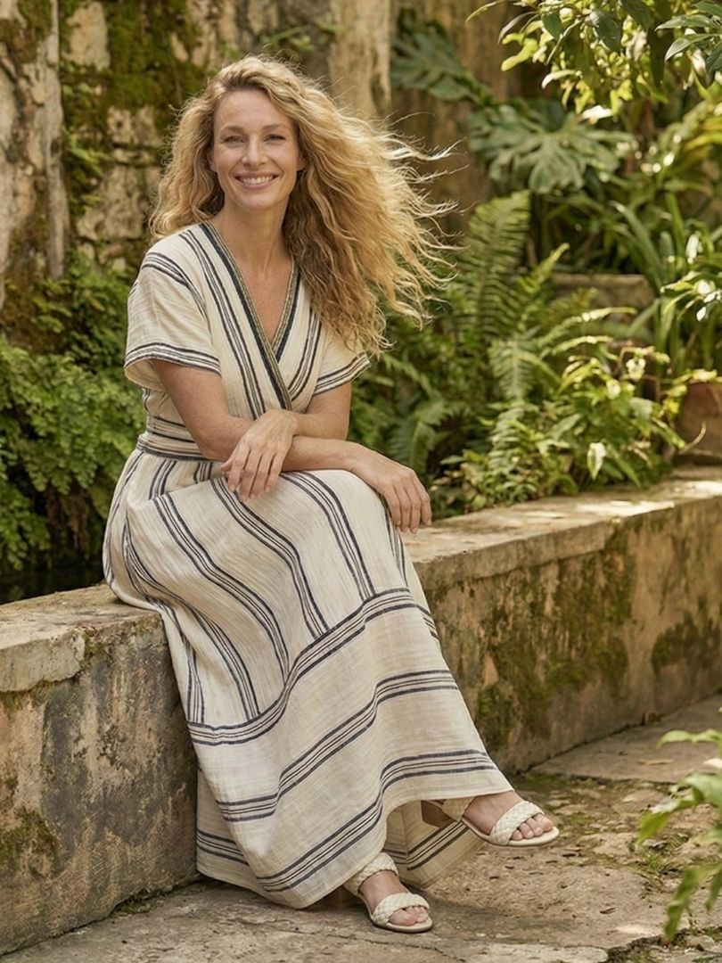 Thalassa | Vestido Midi de Lino con Cintura Cruzada y Manga Corta, Natural