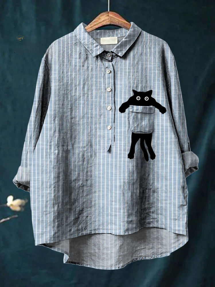 Micaela | Camisa de Rayas con Gatito en el Bolsillo, Divertida
