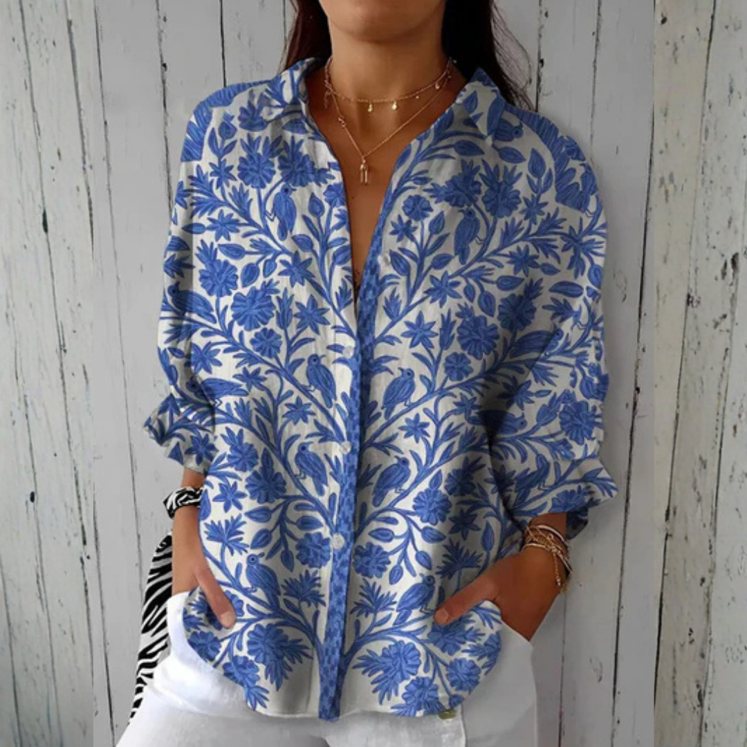 Isabelle | Blusa con Estampado de Jardín Azul, Fresca